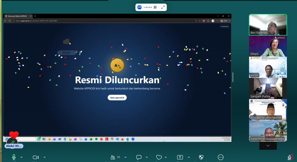 Momen peresmian peluncuran Website APPRODI secara daring melalui Zoom pada 1 September 2026