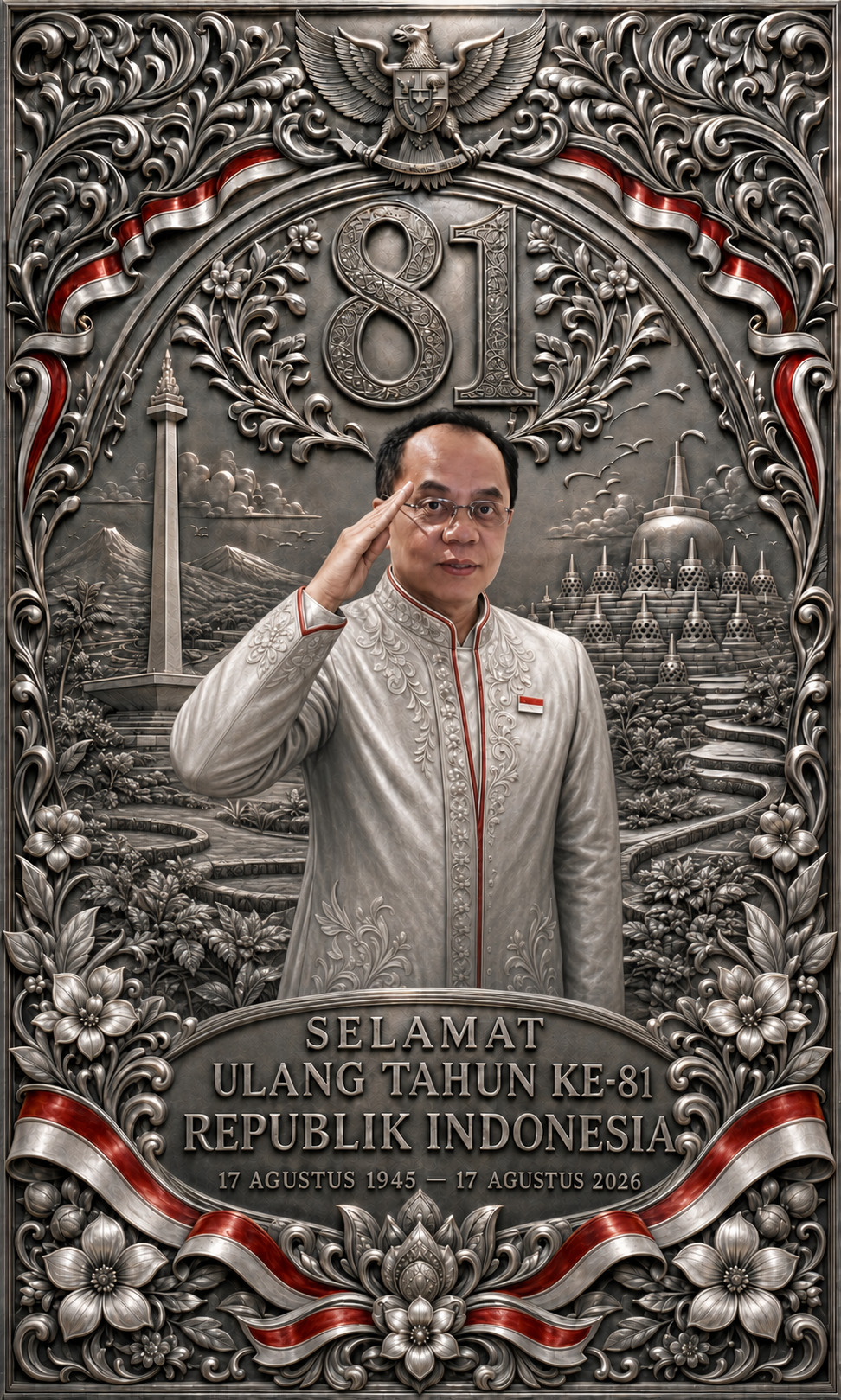 Dr. H. Benrahman memberi hormat dalam karya ukiran perak HUT ke-81 Republik Indonesia